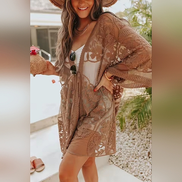 New Boho Embroidered Lace Kimono Duster jacket Cover Up Vintage Look Tan